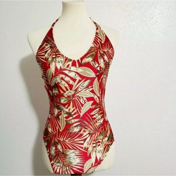 Catalina Red Leaf Print One Piece Swimsuit  Size L - Picture 2 of 10